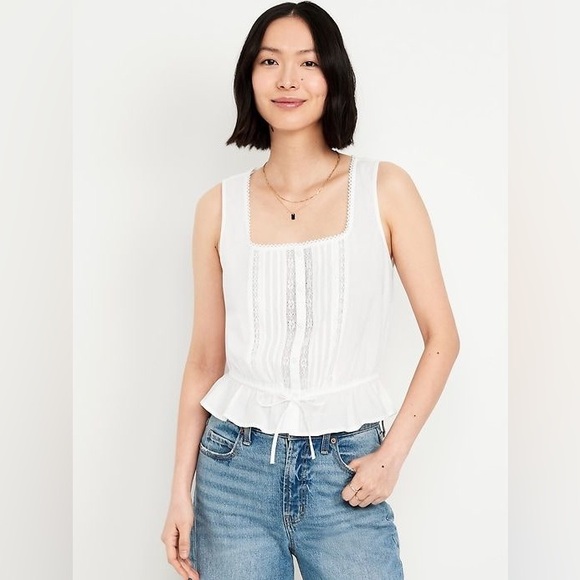 Old Navy Tie-Waist Lace-Trim Top in White 🦢 • Size M Tall - Picture 1 of 7